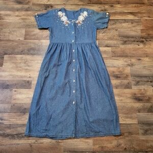 Vintage 80's Spot Light Rose Embellished 100% Cotton Blue Denim Dress Size Small